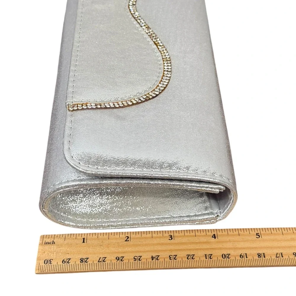 Silver Satin‎ Clutch Purse Womens Small Rhinestone Trim Chain Strap Evening Bag